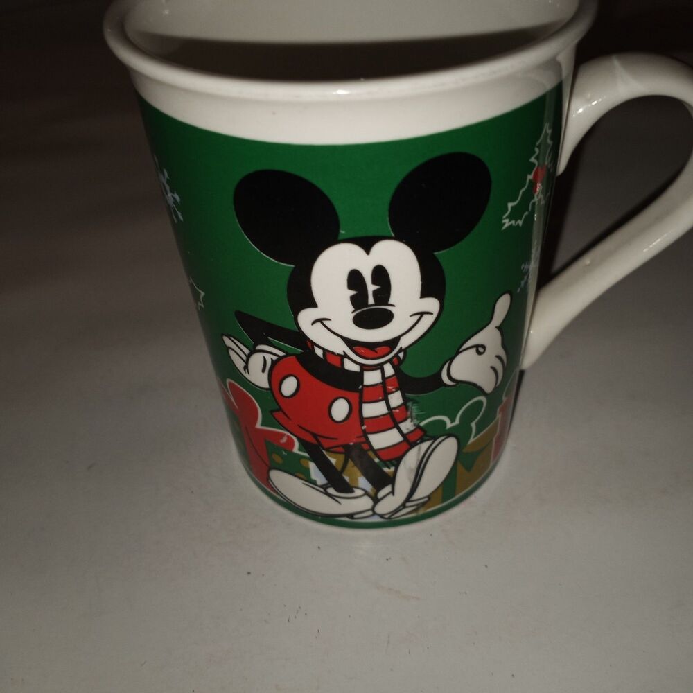 Mickey Mouse Coffee Tea Christmas Cup Mug Ceramic Green Holly Presents Snowflake